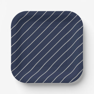 Classic Navy Blue Svelte Ivory Pinstripes Paper Plates