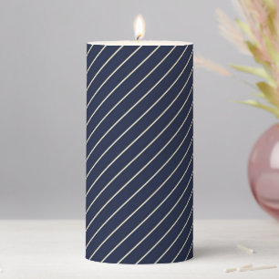 Classic Navy Blue Svelte Ivory Pinstripes Pillar Candle