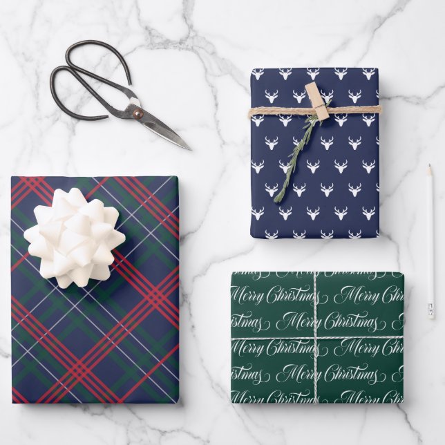 Classic Navy Blue Tartan Plaid Merry Christmas Wrapping Paper Sheets (Front)