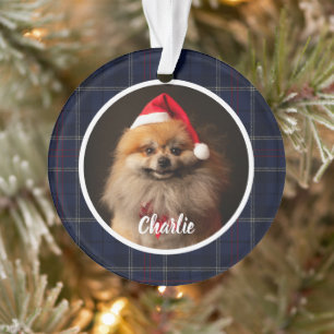 Classic Navy Blue Tartan Plaid Pet Dog Photo Ornament