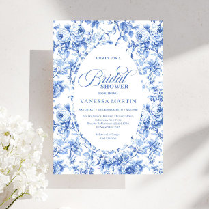 Classic Navy Blue Toile Rose Bridal Shower Invite