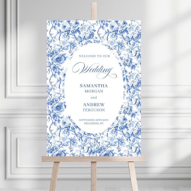 Classic Navy Blue Toile Rose Wedding Welcome Poste Foam Board (Classic Navy Blue Toile Rose Wedding Welcome Poster)