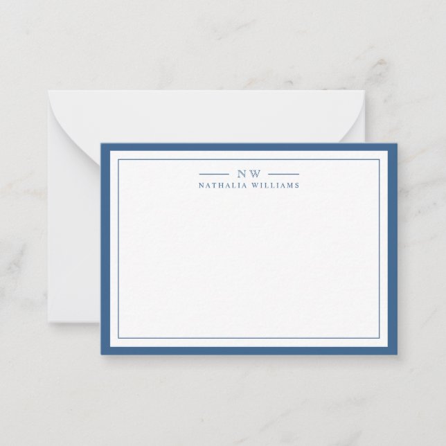 Classic Navy Blue Two Border Monogram Lined Note Card (Front)