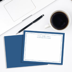 Classic Navy Blue Two Border Monogram Lined Note Card