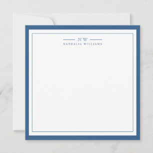 Classic Navy Blue Two Border Monogram Lined Note Card