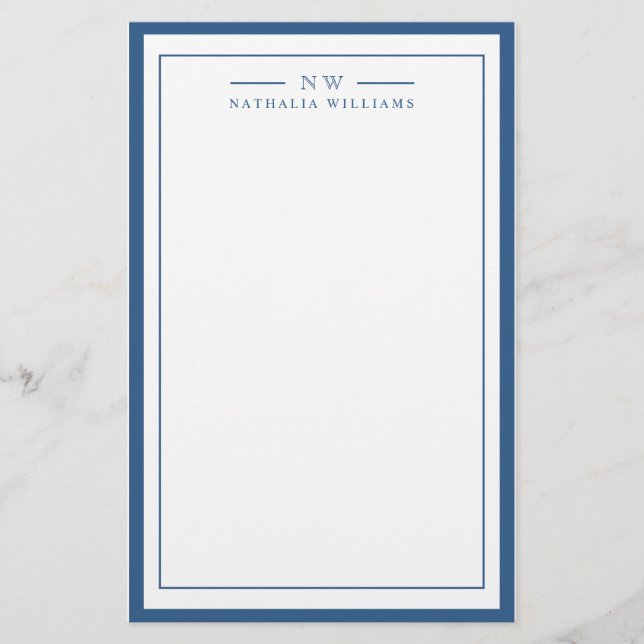 Classic Navy Blue Two Border Monogram Lined Stationery (Front)