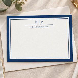 Classic Navy Blue Two Border Monogram Personalized Note Card