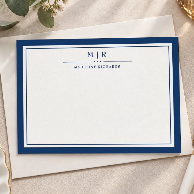 Classic Navy Blue Two Border Monogram Personalized Note Card (Creator Uploaded)