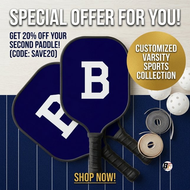 Classic Navy Blue Varsity Initial Monogram Pickleball Paddle (#sports&activities)