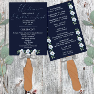 Classic Navy Blue & Watercolor Floral Wedding Hand Fan