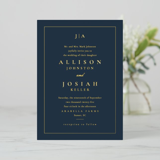 Classic Navy Blue Wedding Foil Invitation (Standing Front)