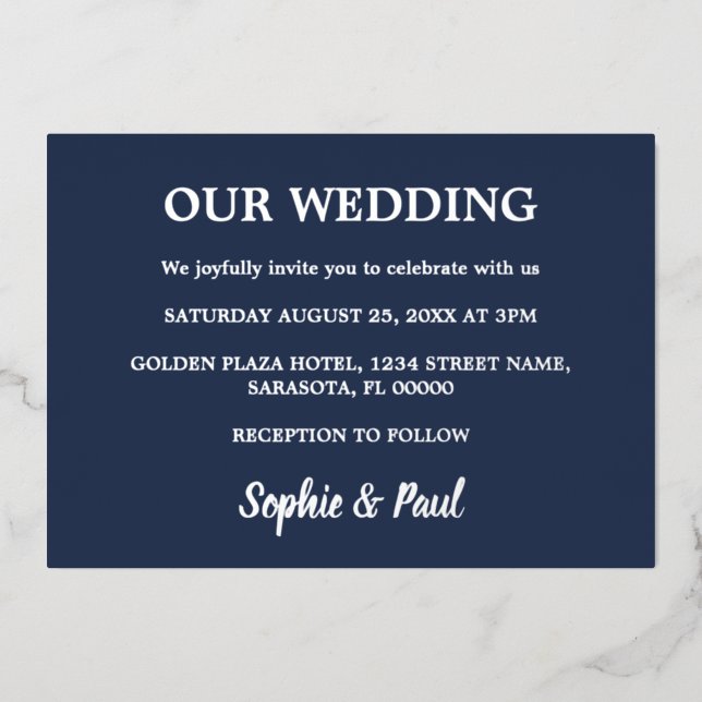 Classic Navy Blue Wedding Foil Invitation (Front)