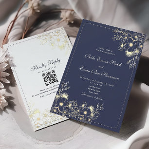Classic Navy Blue Wedding Invitation with QR Code