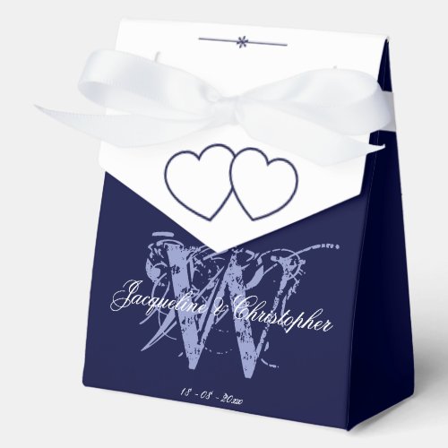 Classic Navy Blue Wedding Monogram White Names Favor Boxes