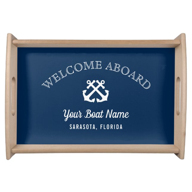 Classic Navy Blue Welcome Aboard Custom Boat Name Serving Tray (Front)