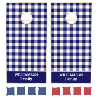 Classic Navy Blue White Buffalo Check Custom Name Cornhole Set