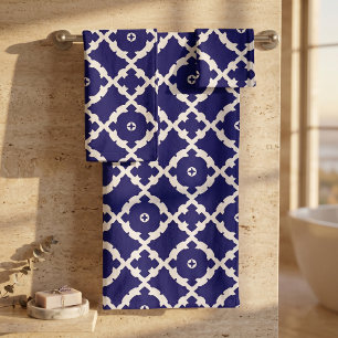 Classic Navy Blue White Geometric Trellis Pattern Bath Towel Set