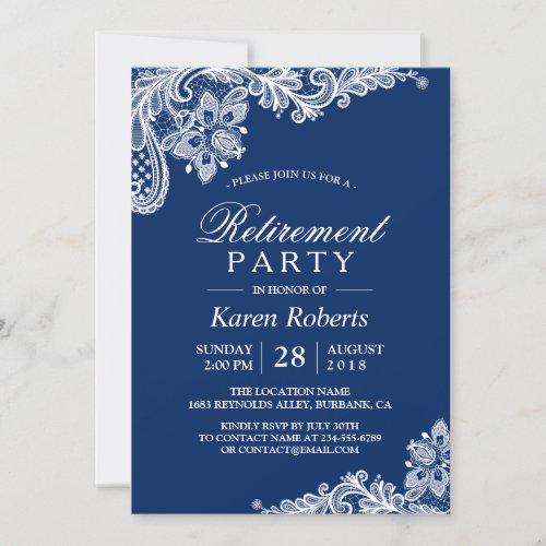 Classic Navy Blue White Lace Retirement Party Invitation