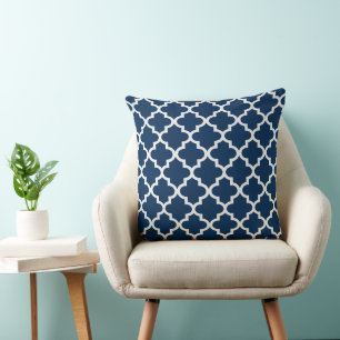 Classic Navy Blue White Quatrefoil Trellis Throw Pillow