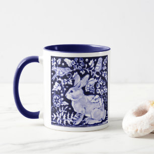 Classic Navy Blue White Rabbit Birds Dedham Delft Mug