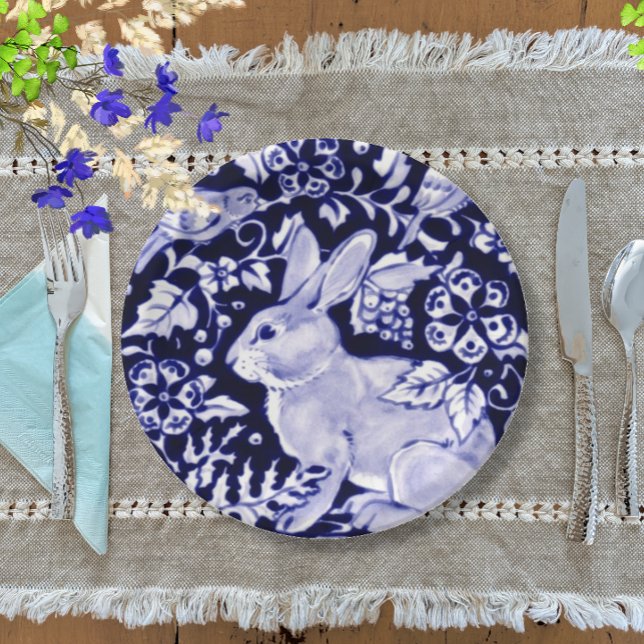 Classic Navy Blue, White Rabbit Birds Dedham Delft Paper Plates (Creator Uploaded)