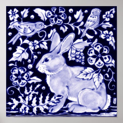 Classic Navy Blue White Rabbit Birds Dedham Delft Poster