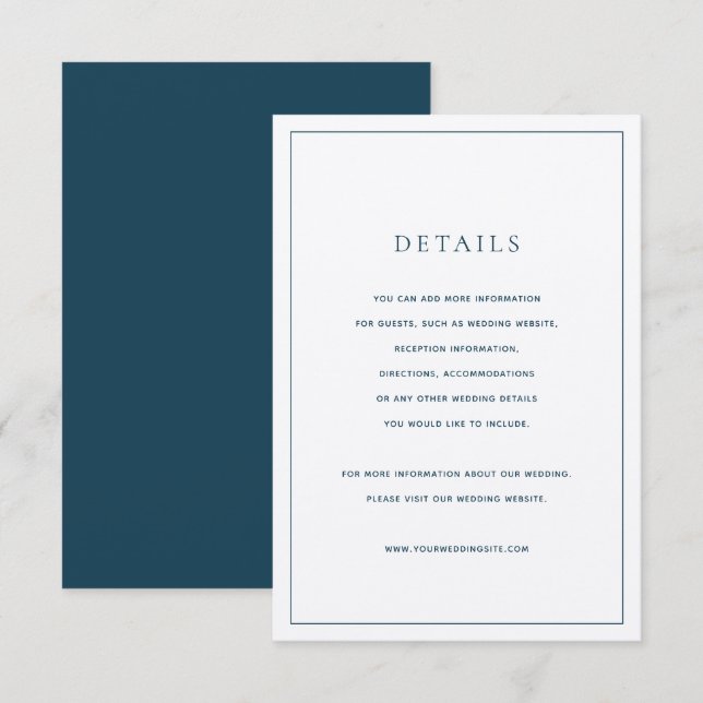 Classic Navy Blue & White Wedding Details Card (Front/Back)