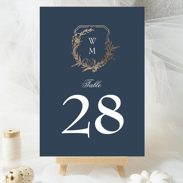 classic navy blue white wedding gold crest table number (Creator Uploaded)