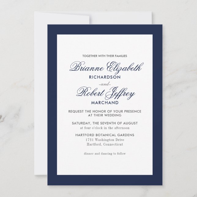 Classic Navy Border Formal Wedding Invitation (Front)