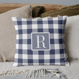 Classic Navy Buffalo Check Initial Throw Pillow