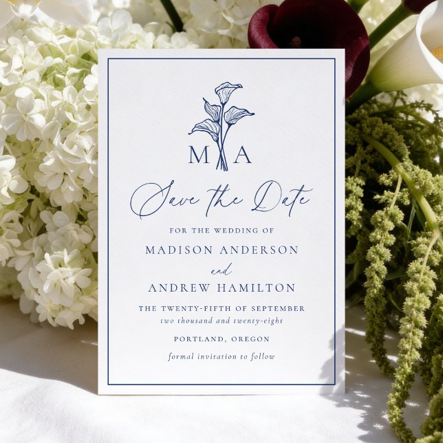 Classic Navy Calla Lily Monogram Wedding Save The Date (Creator Uploaded)