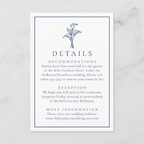 Classic Navy Calla Lily Wedding Details Enclosure Card