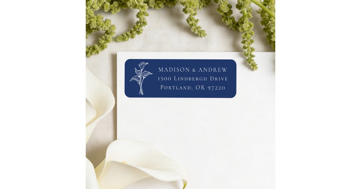 Classic Navy Calla Lily Wedding Return Address Label | Zazzle