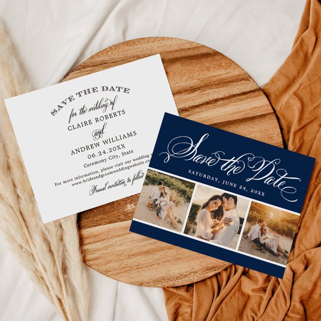 Classic Navy Calligraphy Three Photo Wedding Save The Date (Creator Uploaded)