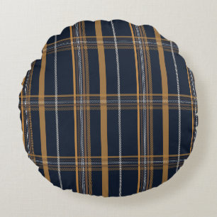 Classic Navy Camel Plaid Aesthetic Round Pillow
