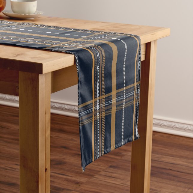 Classic Navy Camel Plaid Aesthetic Short Table Runner (In Situ)