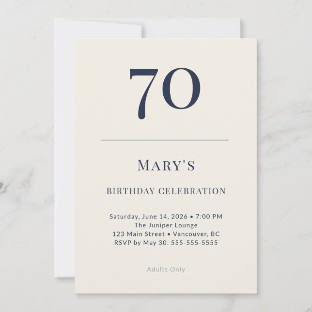 Classic Navy & Cream 70th Birthday Celebration Invitation (Front)