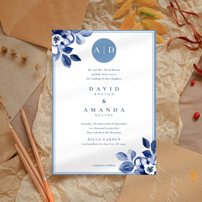 Classic Navy Floral Elegant Wedding Invitation (Creator Uploaded)