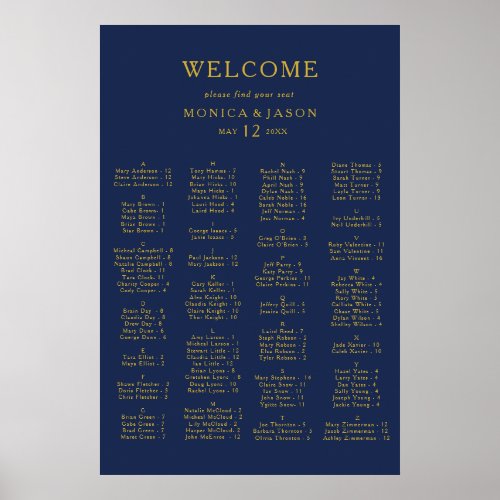 Classic Navy  Gold Alphabetical Seating Chart
