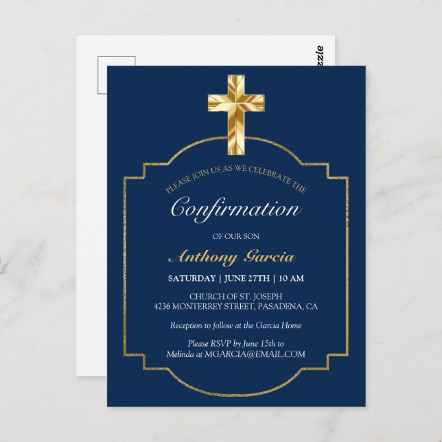 Classic Navy Gold Cross Confirmation Invitation Postcard (Front/Back)