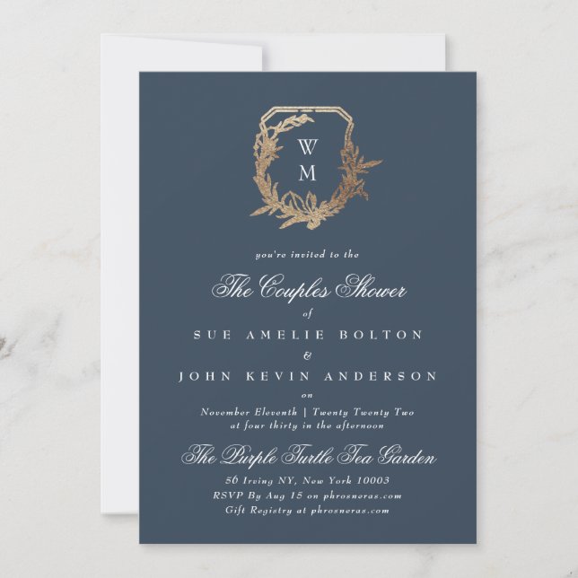 classic navy gold motif monogram couples shower invitation (Front)