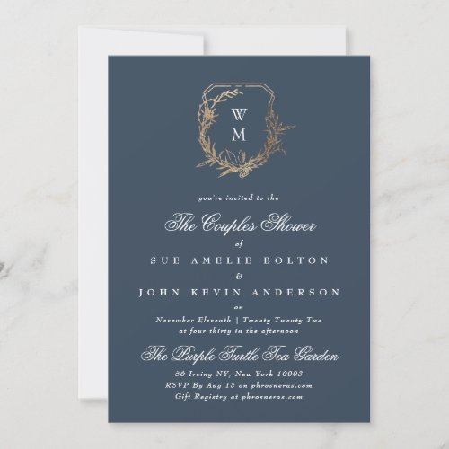 classic navy gold motif monogram couples shower invitation
