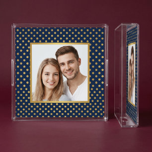 Classic Navy & Gold Polka Dot Frame Photo Acrylic Tray