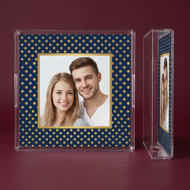 Classic Navy & Gold Polka Dot Frame Photo Acrylic Tray (Creator Uploaded)