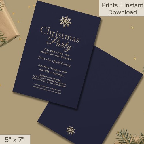Classic Navy Gold Snowflake Christmas Party  Invitation