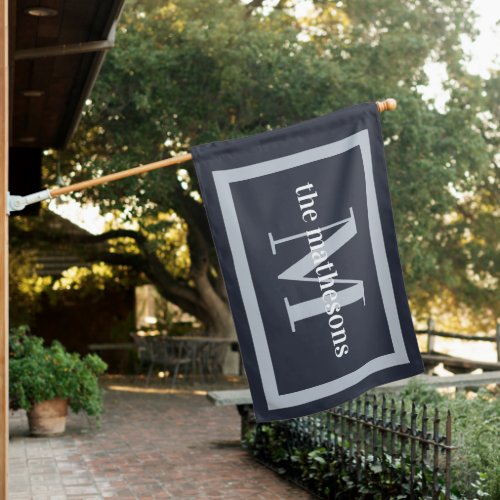 Classic Navy  Gray Family Name  Monogram House Flag