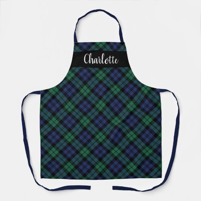 Classic Navy Green Black Watch Plaid Monogram Apron (Front)
