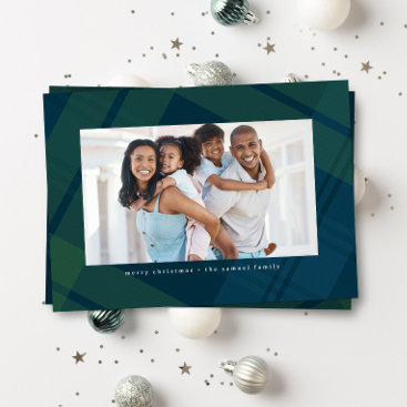 Classic navy green plaid simple Christmas photo Holiday Card