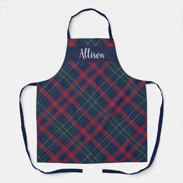 Classic Navy Green Red Tartan Plaid Monogram Apron (Front)