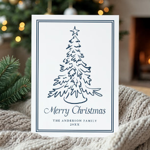 Classic Navy Hand-Drawn Christmas Tree Non-Photo Holiday Card